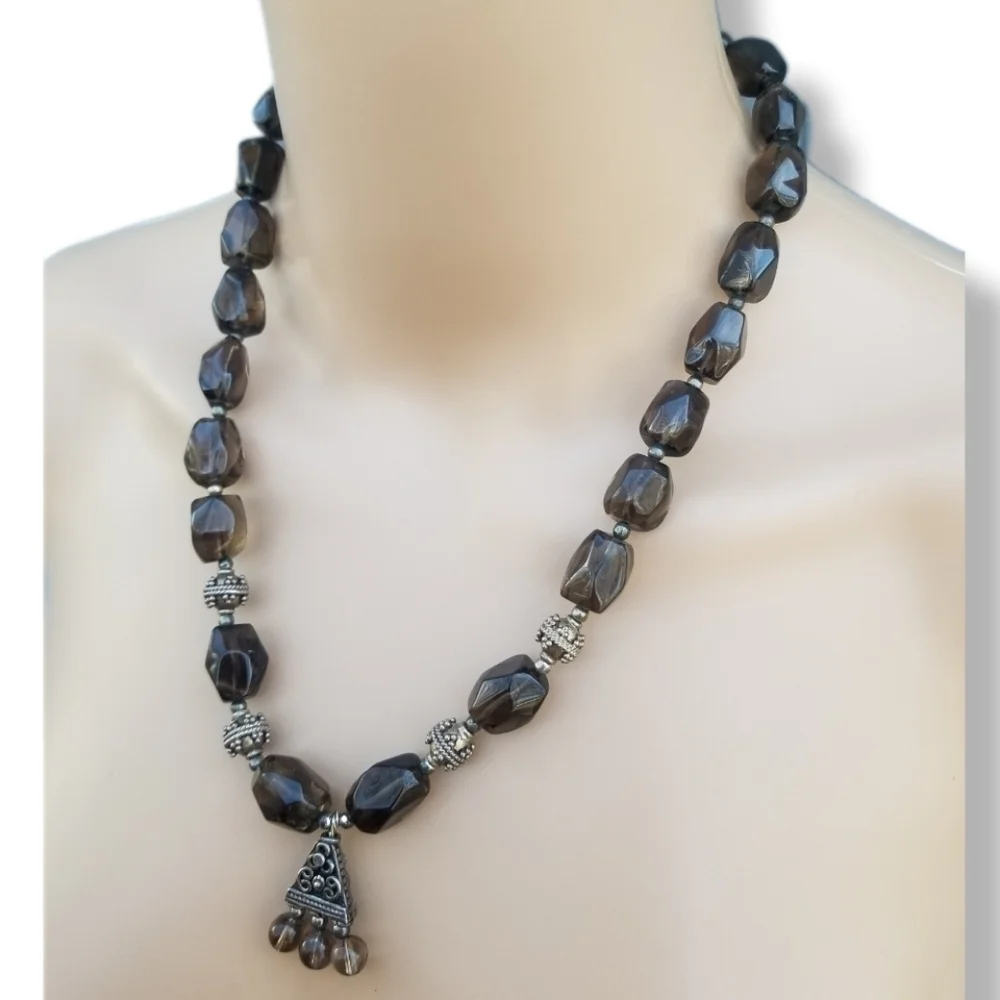 VINTAGE GENUINE SMOKY TOPAZ & STERLING SILVER STATEMENT NECKLACE